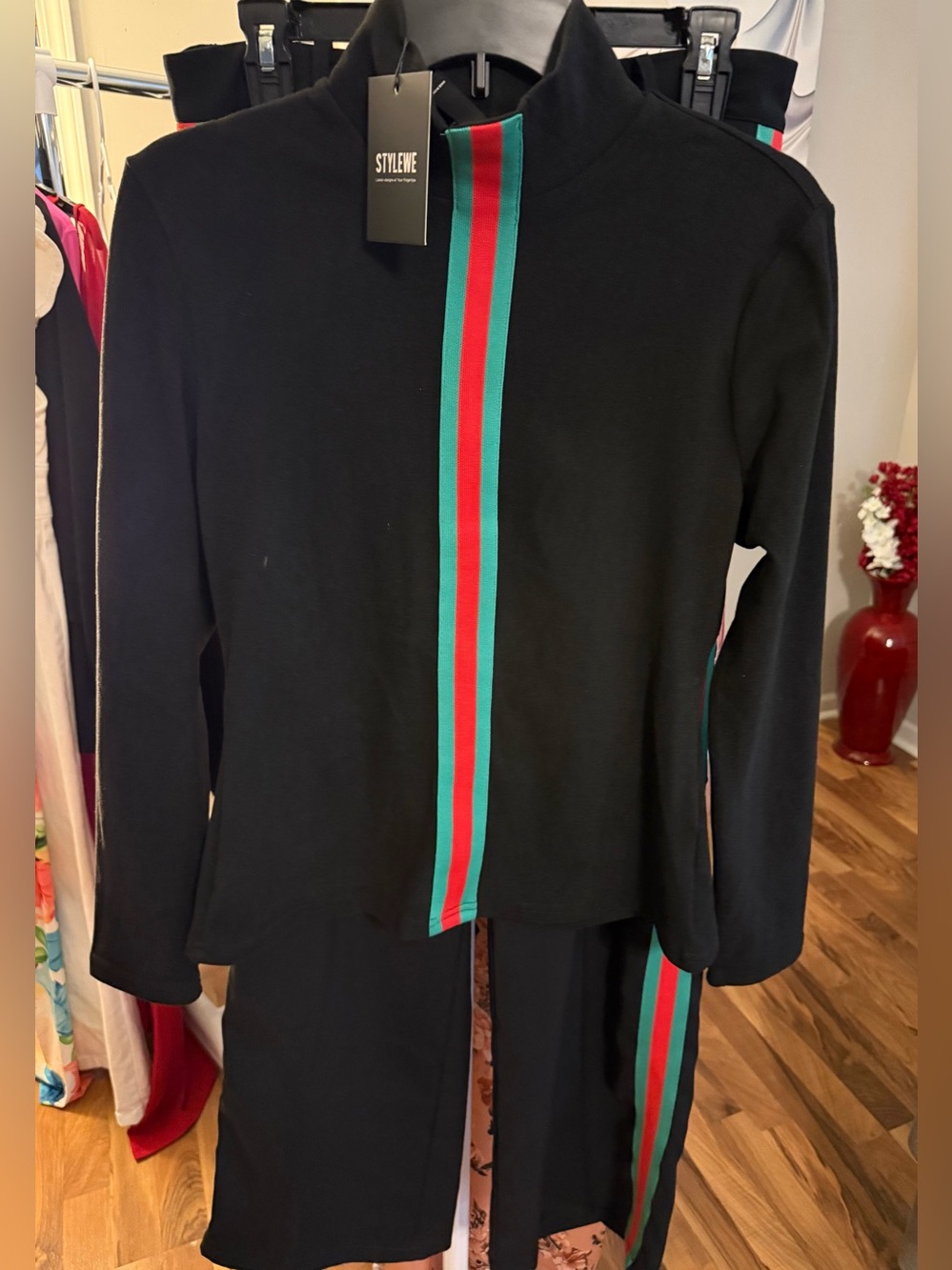Women's Black with Red & Green Stripe 2-piece Pant Set